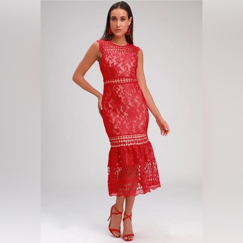 Lulus Charlee Red Crochet Lace Sleeveless Midi Chic Dress Holiday Elegant Small